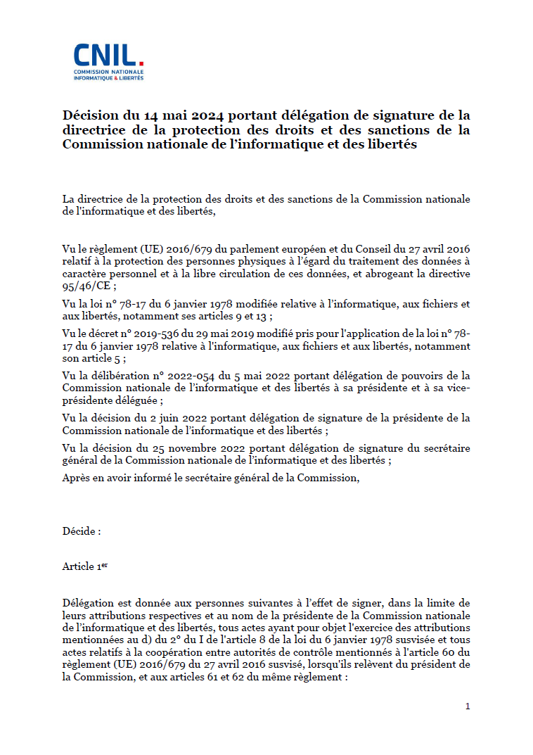 Décision du 14 mai 2024 portant délégation de signature de la directrice de la protection des droits et des sanctions de la Commission nationale de l’informatique et des libertés